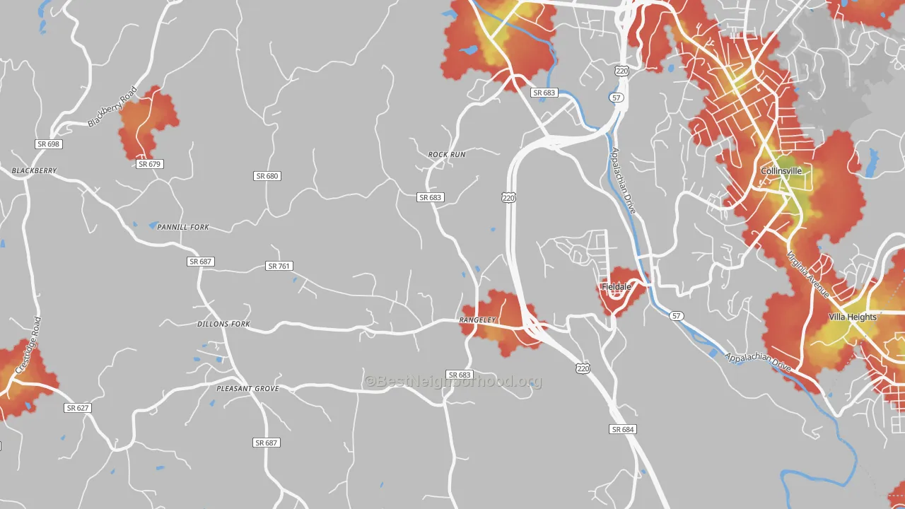 Walk Grade map of Fieldale, VA, walkable areas in green and car-dependent areas in red