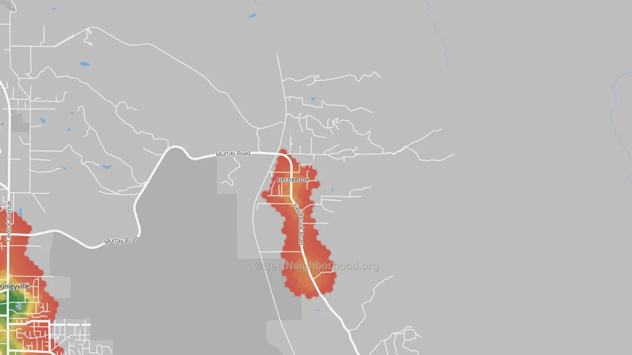Walk Grade map of Fieldbrook, CA, walkable areas in green and car-dependent areas in red