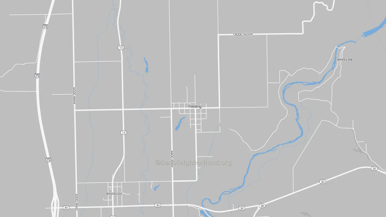 Walk Grade map of Fielding, UT, walkable areas in green and car-dependent areas in red
