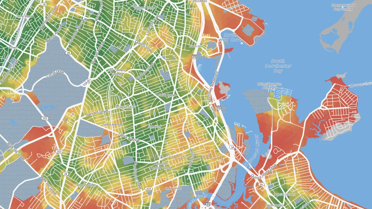 Walk Grade map of Fields Corner, Boston, MA, walkable areas in green and car-dependent areas in red