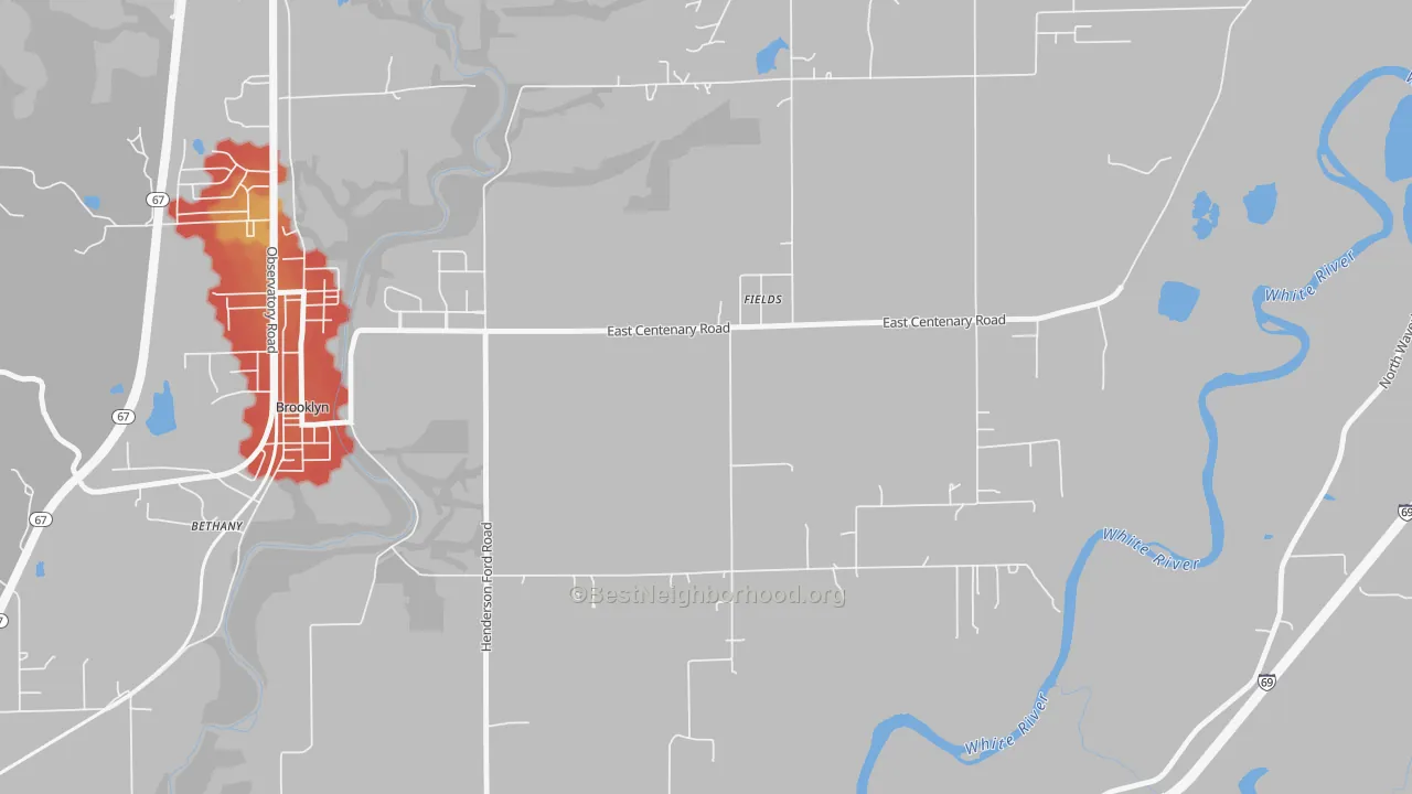 Walk Grade map of Fields, IN, walkable areas in green and car-dependent areas in red