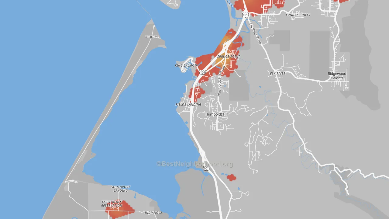 Walk Grade map of Fields Landing, CA, walkable areas in green and car-dependent areas in red