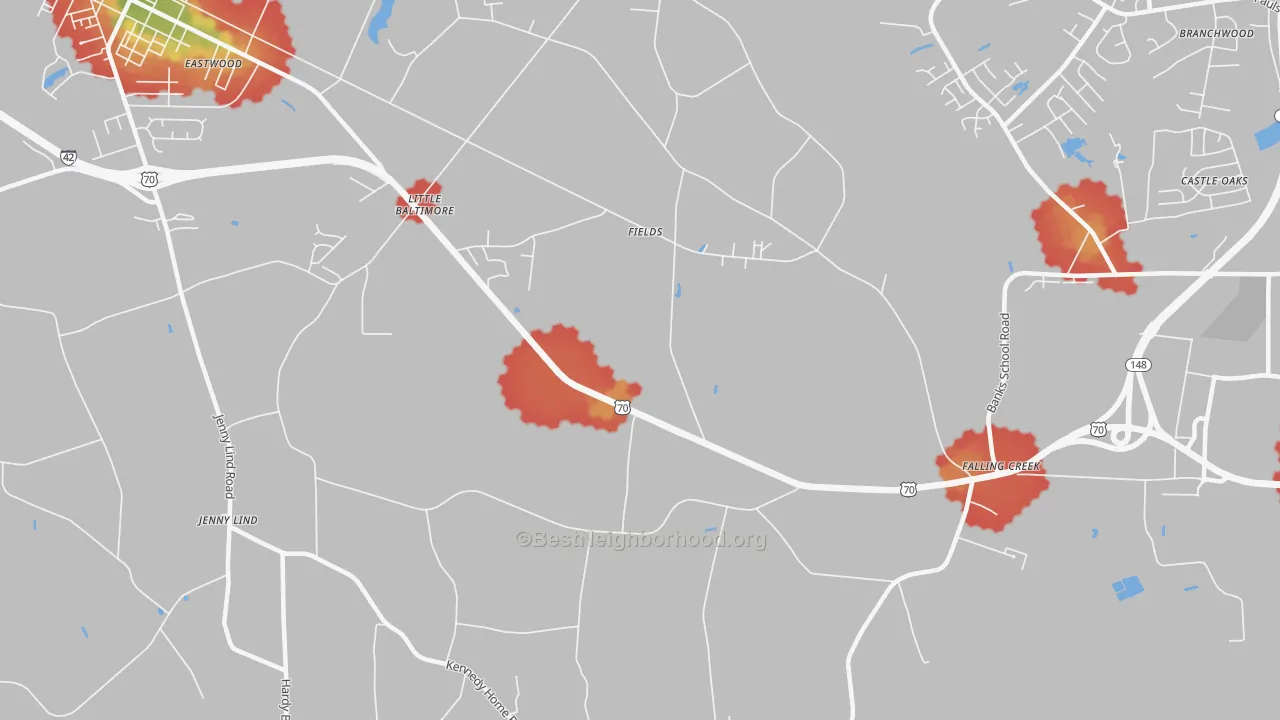 Walk Grade map of Fields, NC, walkable areas in green and car-dependent areas in red