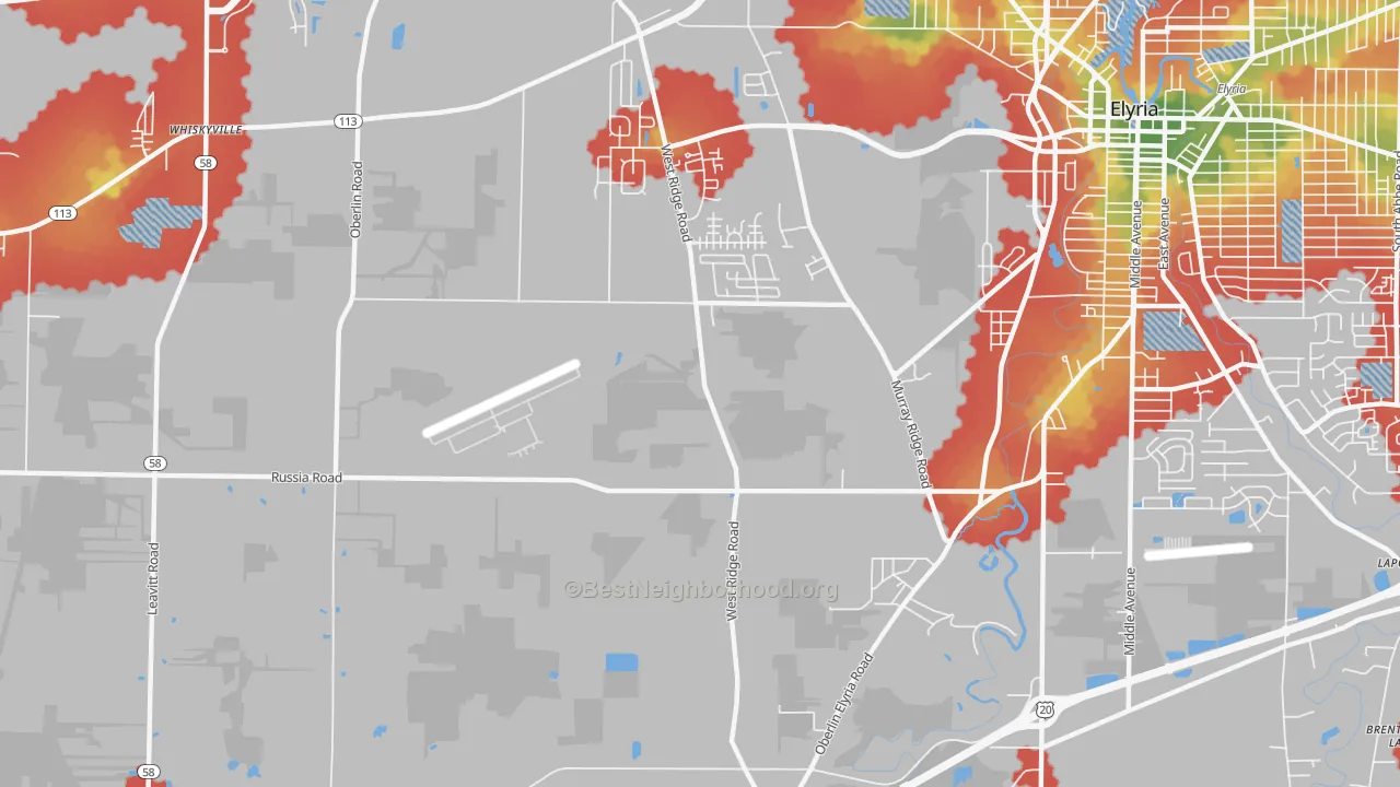 Walk Grade map of Fields, OH, walkable areas in green and car-dependent areas in red