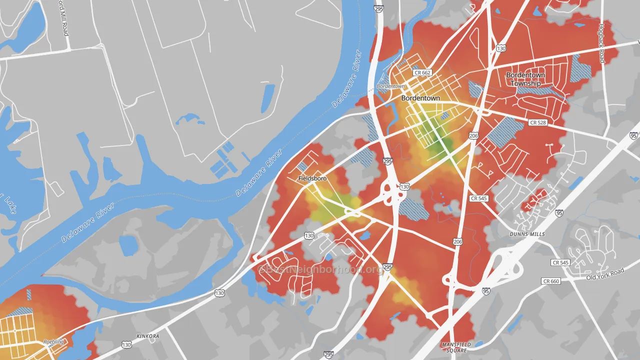 Walk Grade map of Fieldsboro, NJ, walkable areas in green and car-dependent areas in red