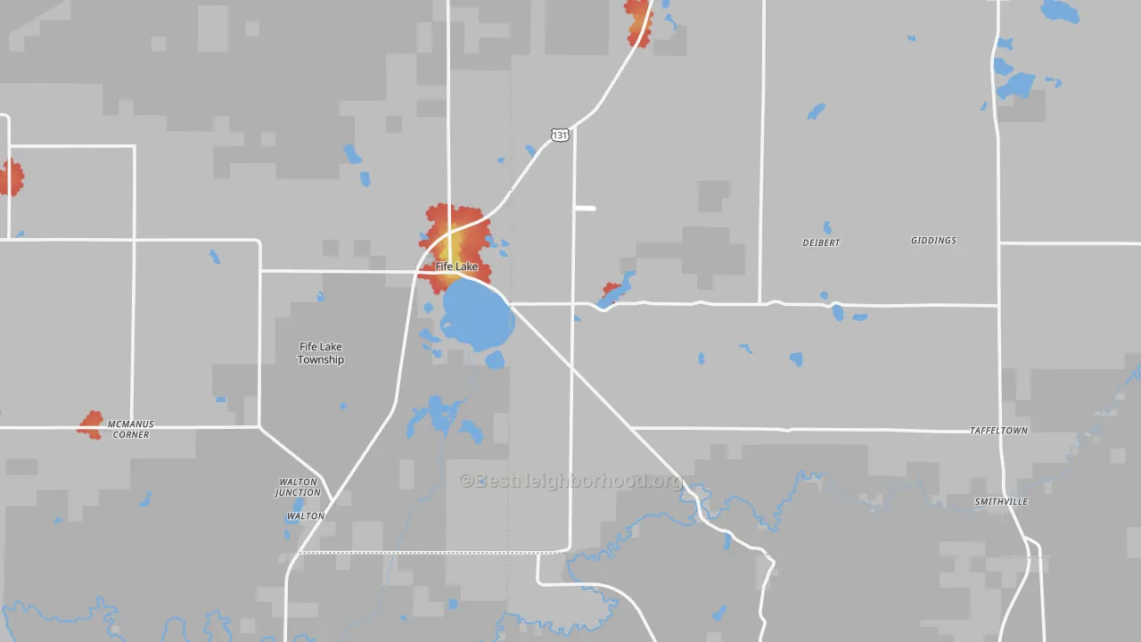 Walk Grade map of Fife Lake, MI, walkable areas in green and car-dependent areas in red