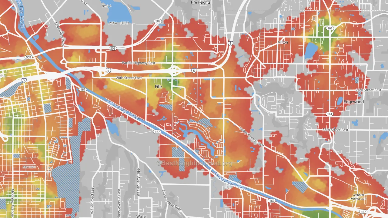 Walk Grade map of Fife, WA, walkable areas in green and car-dependent areas in red