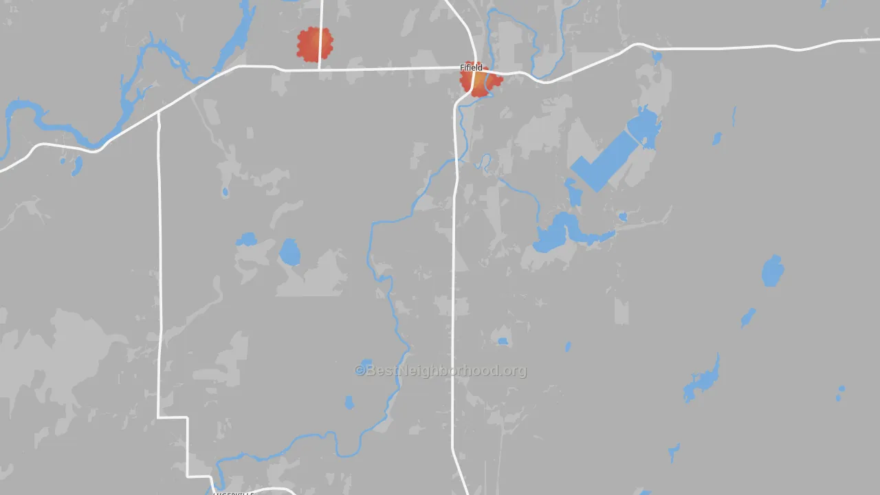 Walk Grade map of Fifield, WI, walkable areas in green and car-dependent areas in red