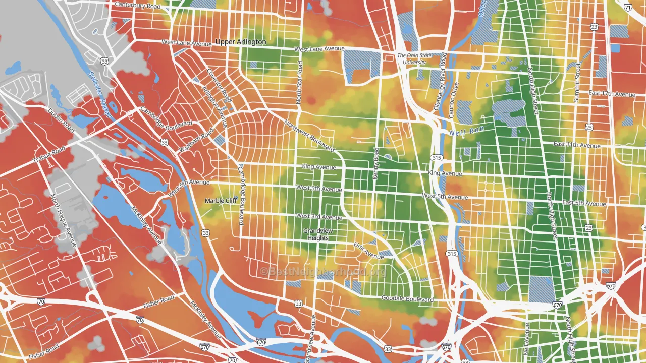Walk Grade map of Fifth by Northwest, Columbus, OH, walkable areas in green and car-dependent areas in red