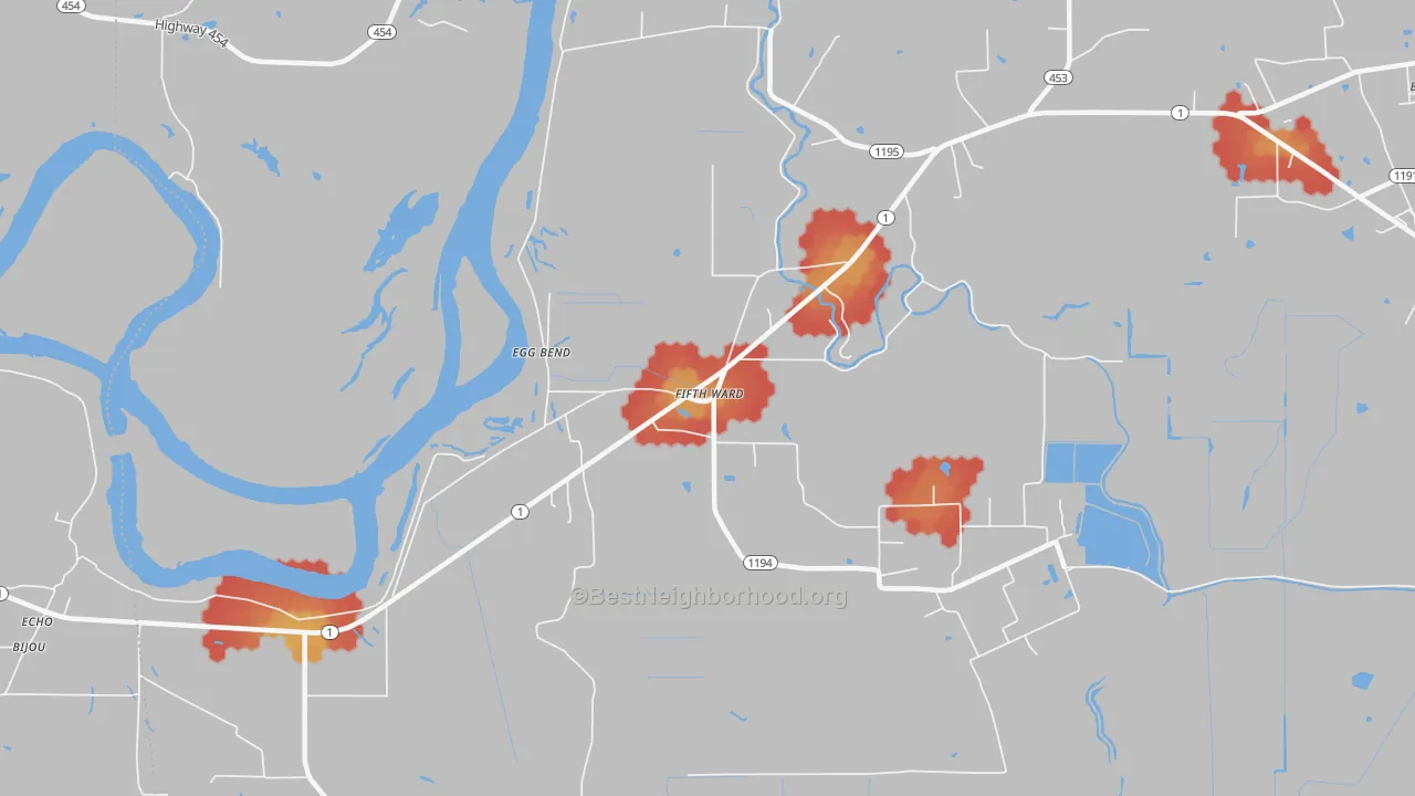 Walk Grade map of Fifth Ward, LA, walkable areas in green and car-dependent areas in red