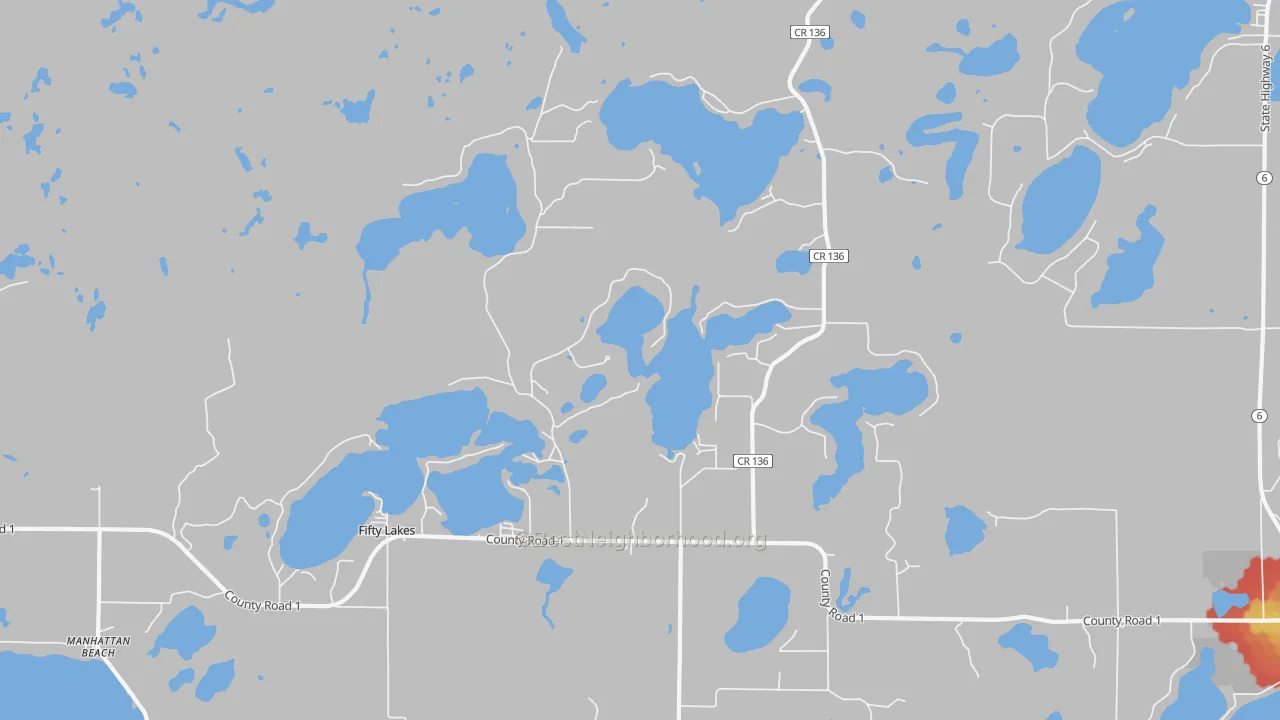 Walk Grade map of Fifty Lakes, MN, walkable areas in green and car-dependent areas in red
