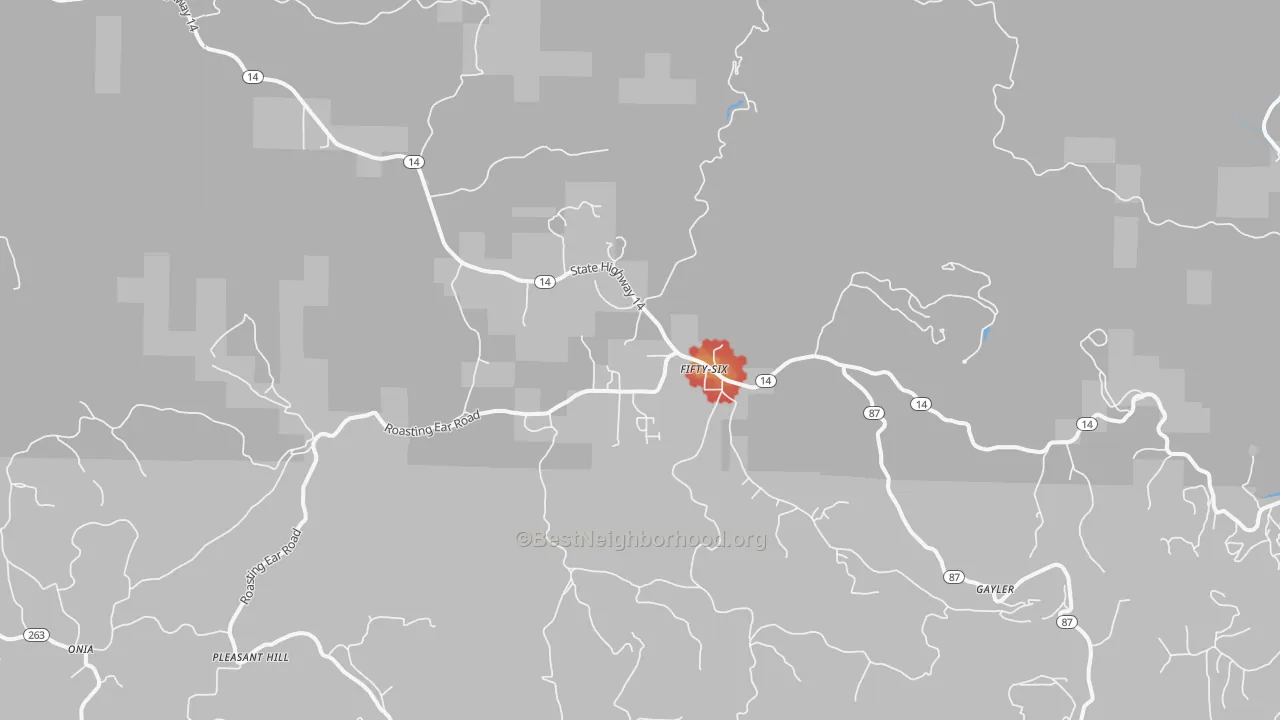 Walk Grade map of Fifty-Six, AR, walkable areas in green and car-dependent areas in red