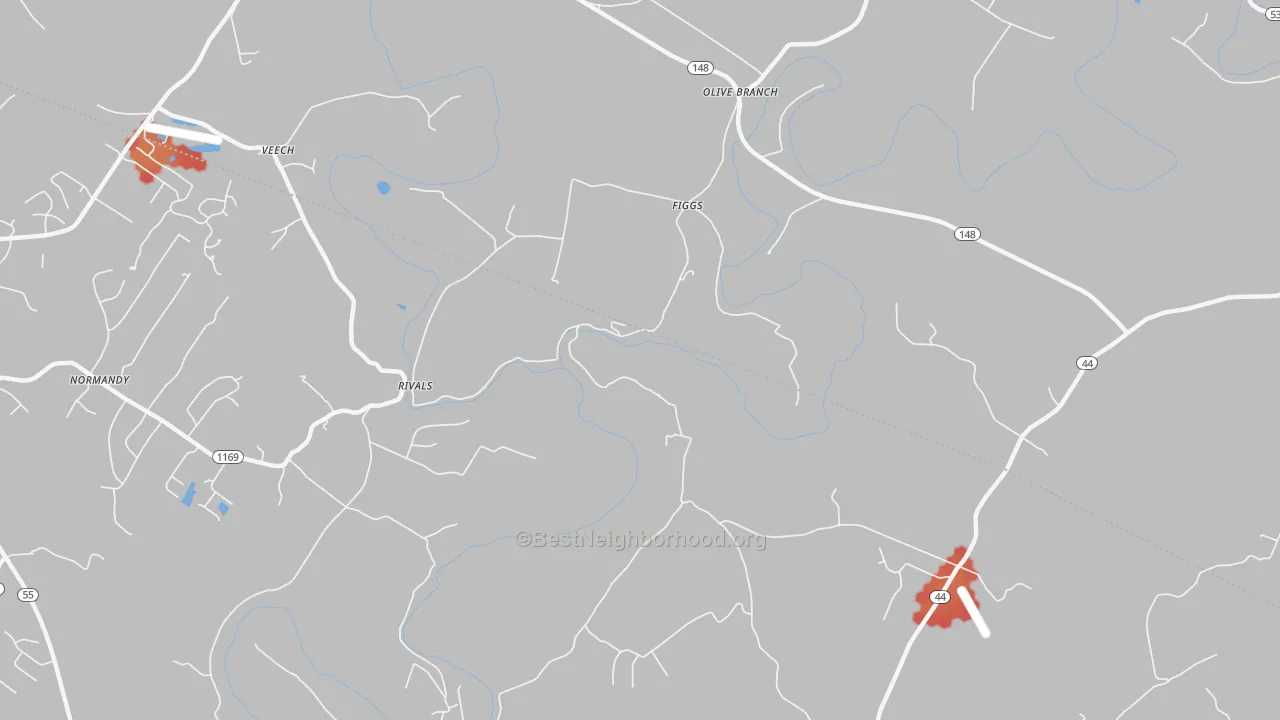 Walk Grade map of Figg, KY, walkable areas in green and car-dependent areas in red