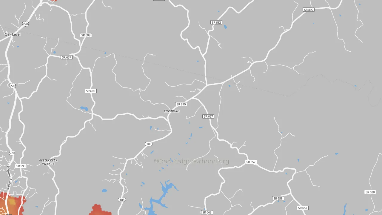 Walk Grade map of Figsboro, VA, walkable areas in green and car-dependent areas in red