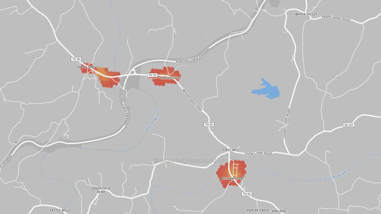 Walk Grade map of Fikes Mill, TN, walkable areas in green and car-dependent areas in red