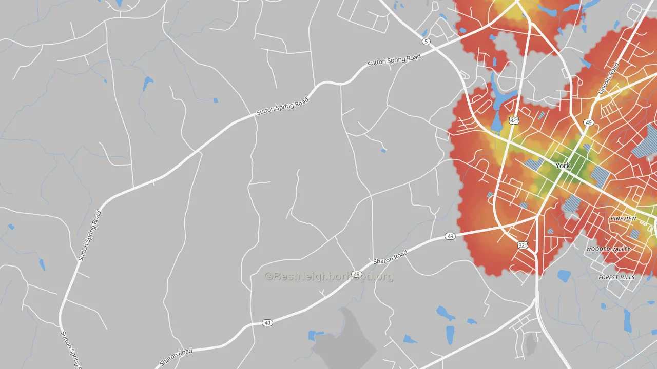 Walk Grade map of Filbert, SC, walkable areas in green and car-dependent areas in red