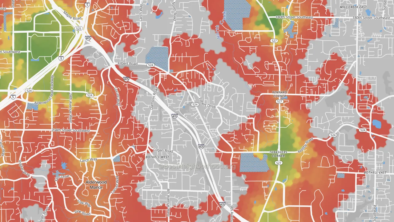 Walk Grade map of Filbert-Winesap, Bothell West, WA, walkable areas in green and car-dependent areas in red