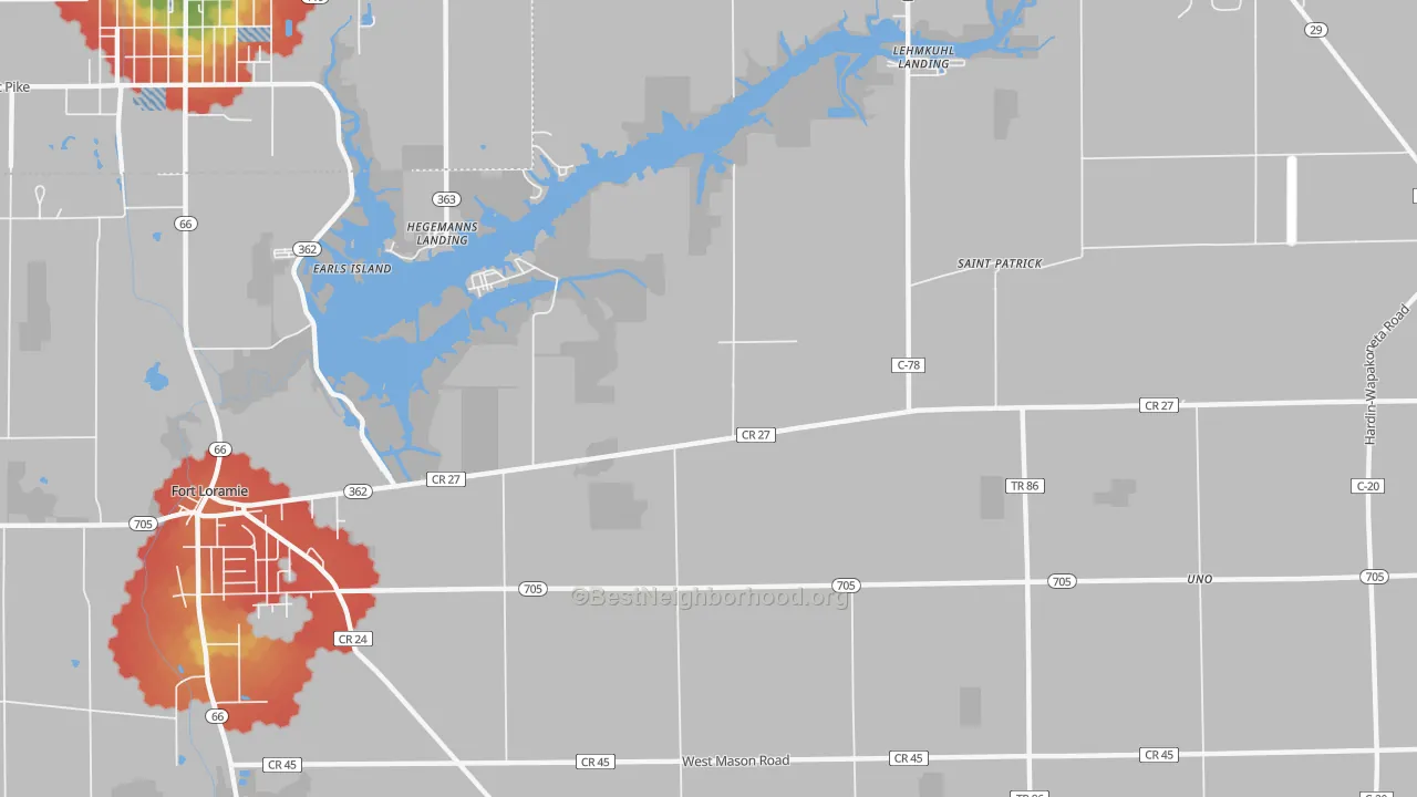 Walk Grade map of Filburns Island, OH, walkable areas in green and car-dependent areas in red