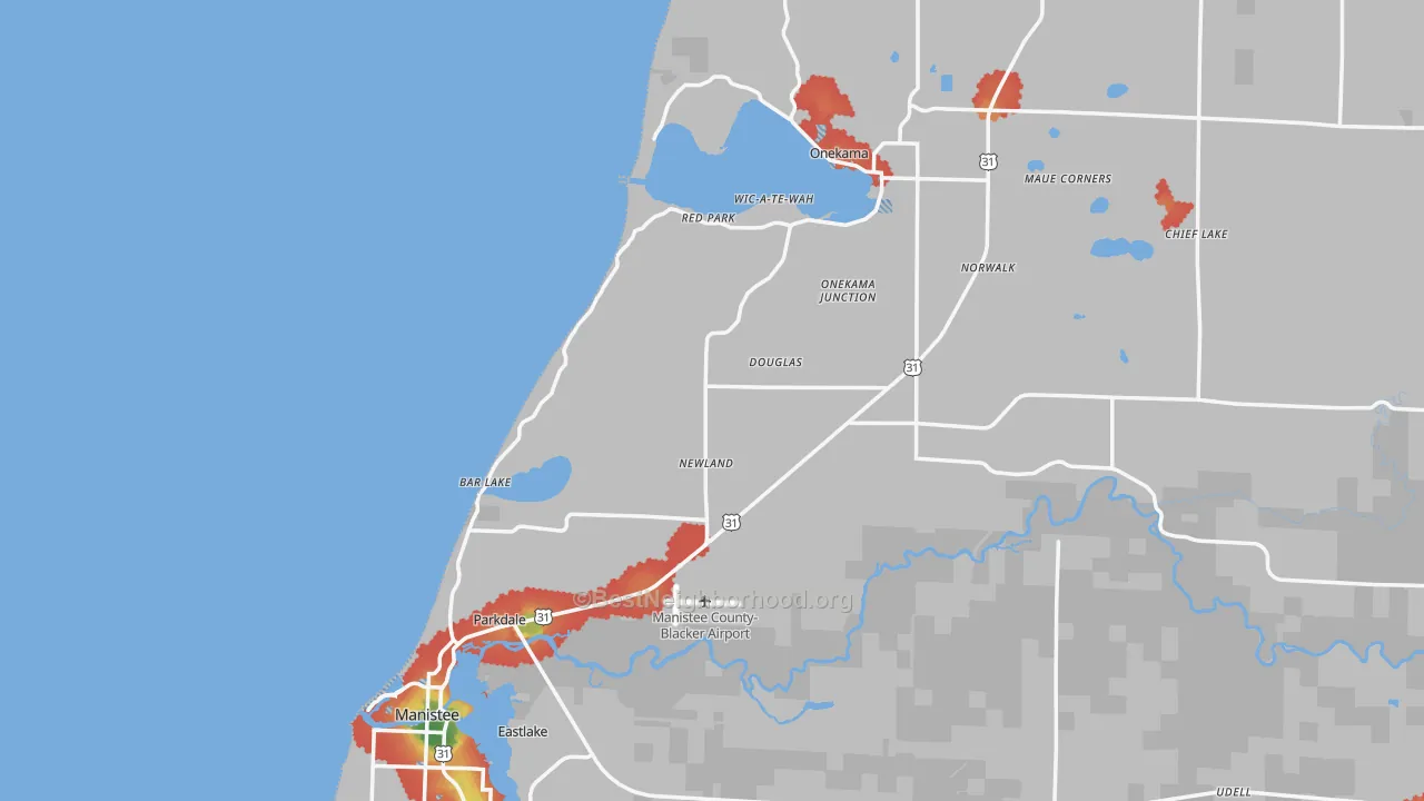 Walk Grade map of Filer City, MI, walkable areas in green and car-dependent areas in red