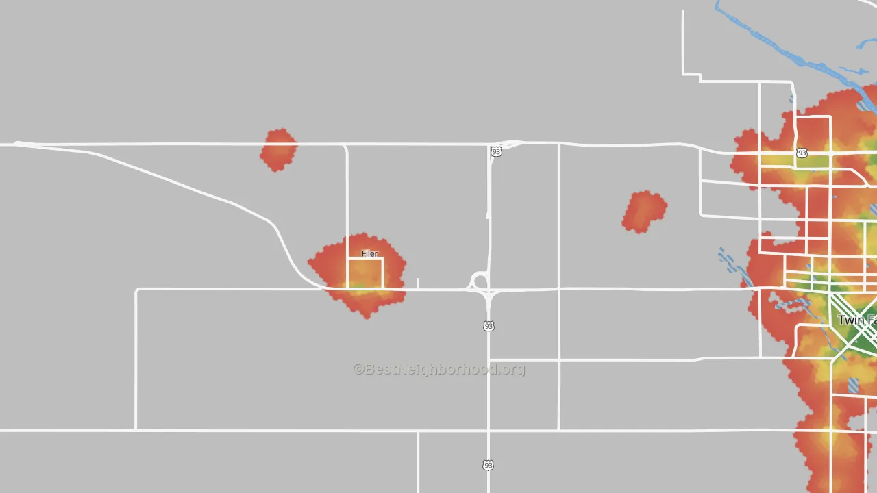 Walk Grade map of Filer, ID, walkable areas in green and car-dependent areas in red