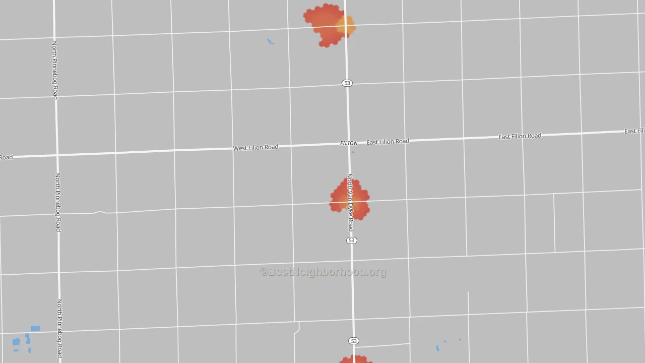 Walk Grade map of Filion, MI, walkable areas in green and car-dependent areas in red