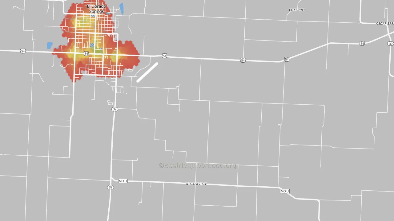 Walk Grade map of Filley, MO, walkable areas in green and car-dependent areas in red