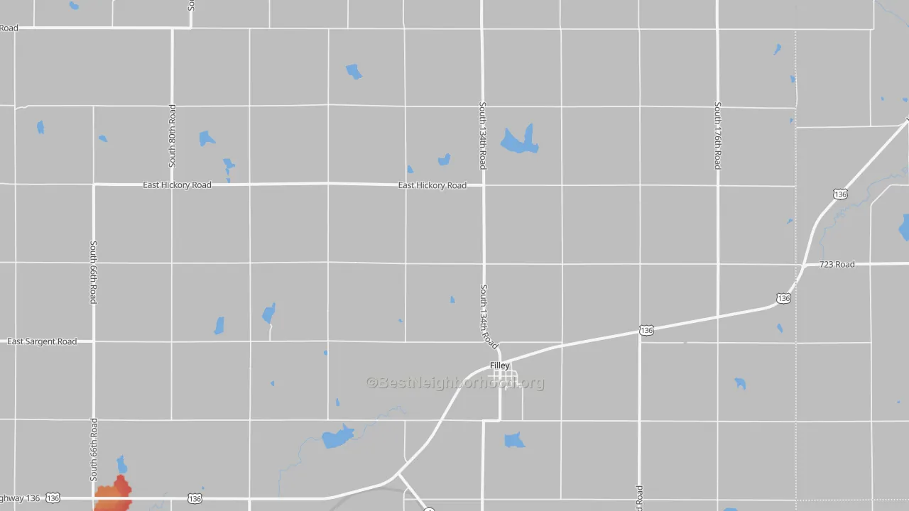 Walk Grade map of Filley, NE, walkable areas in green and car-dependent areas in red