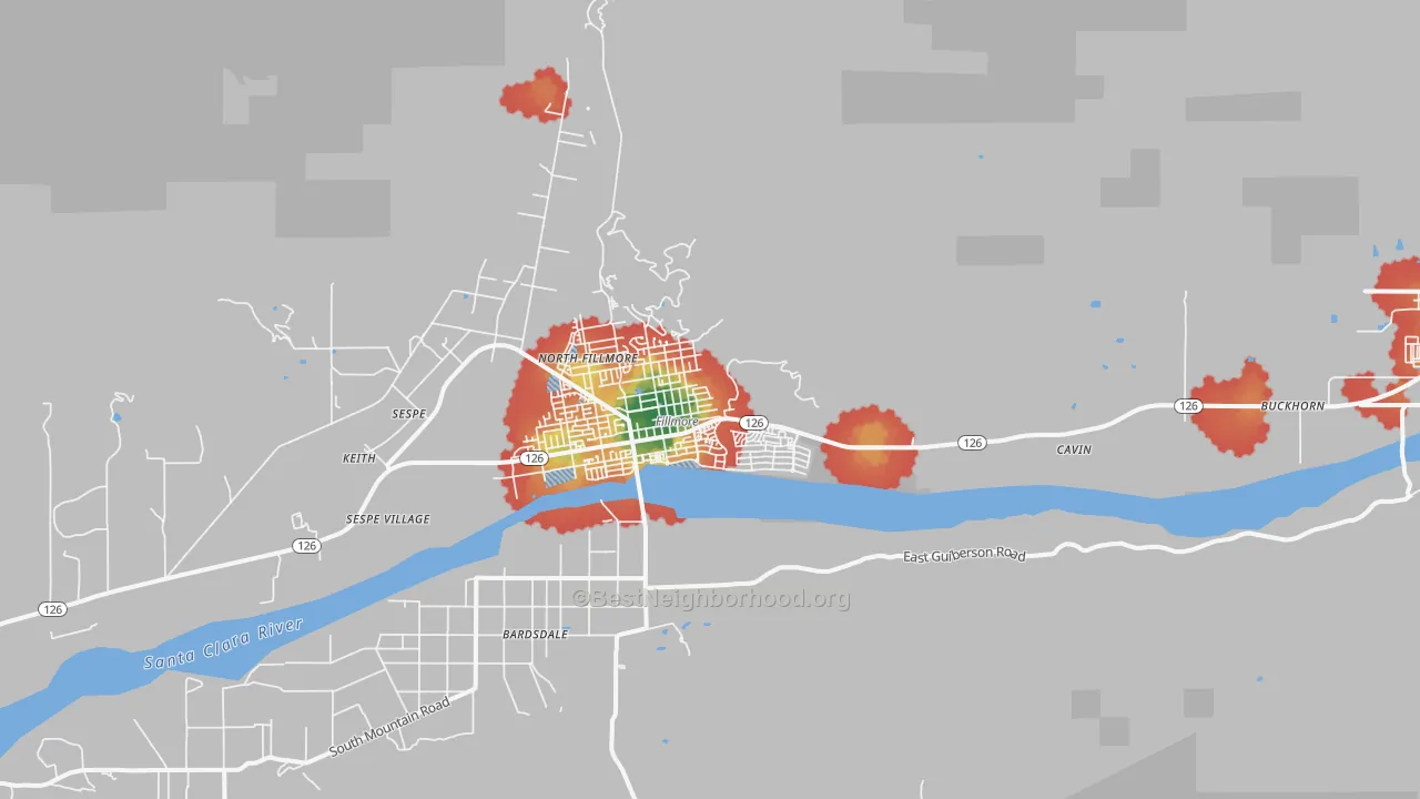 Walk Grade map of Fillmore, CA, walkable areas in green and car-dependent areas in red