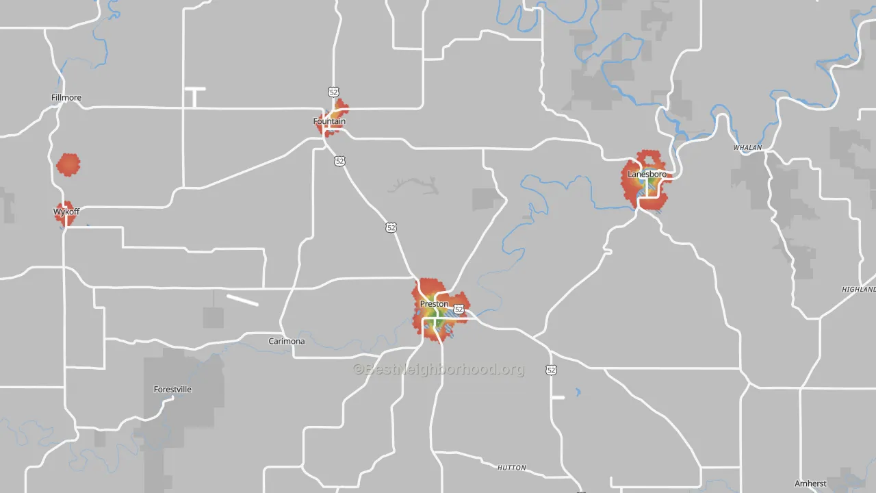 Walk Grade map of Fillmore County, MN, walkable areas in green and car-dependent areas in red