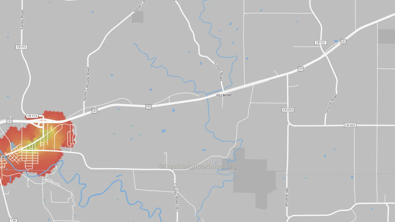 Walk Grade map of Fillmore, IA, walkable areas in green and car-dependent areas in red