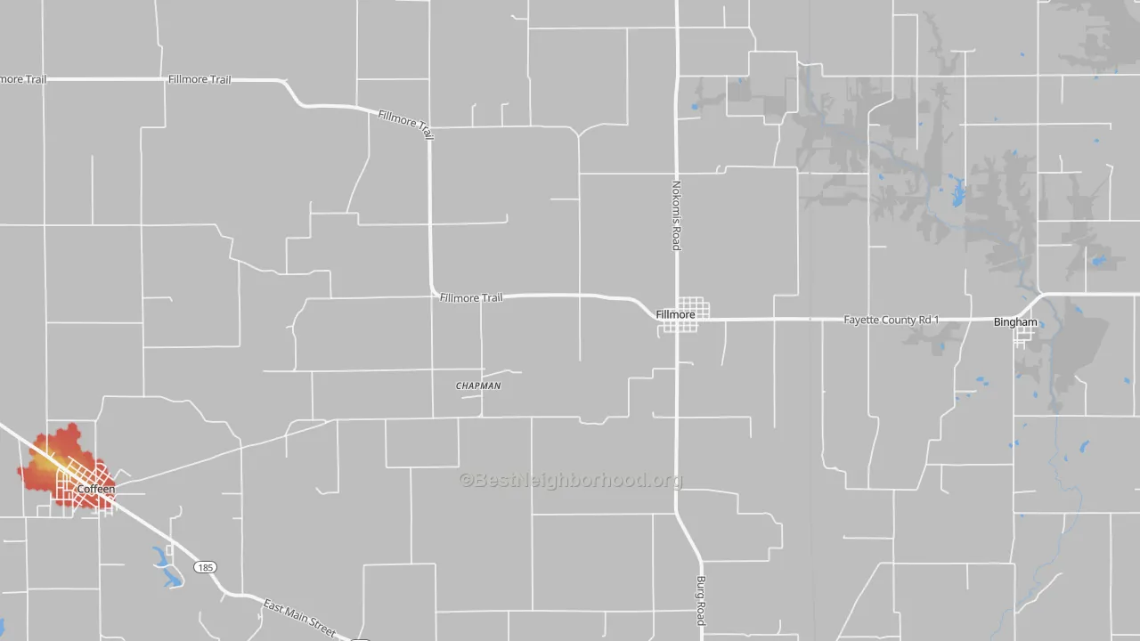 Walk Grade map of Fillmore, IL, walkable areas in green and car-dependent areas in red