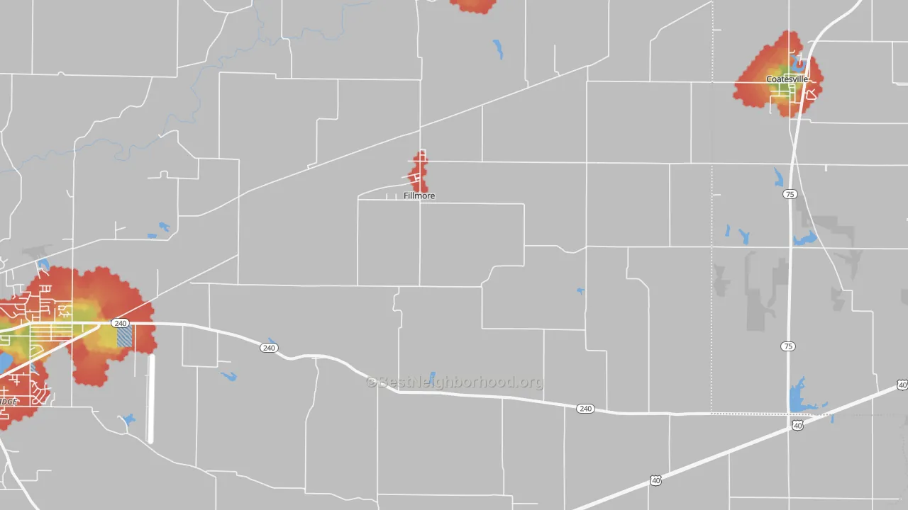 Walk Grade map of Fillmore, IN, walkable areas in green and car-dependent areas in red