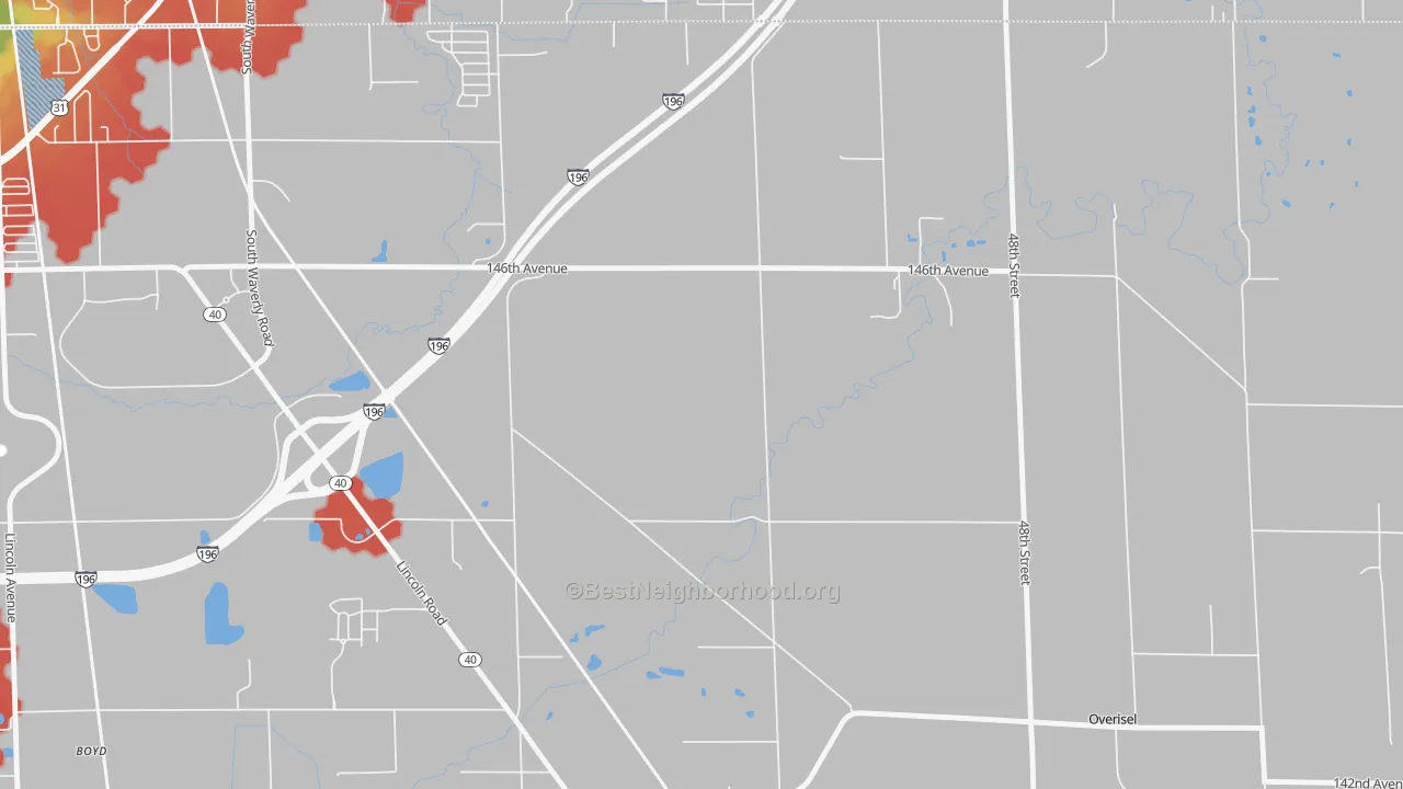 Walk Grade map of Fillmore, MI, walkable areas in green and car-dependent areas in red