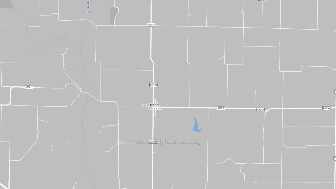 Walk Grade map of Fillmore, MO, walkable areas in green and car-dependent areas in red
