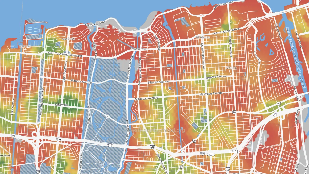 Walk Grade map of Fillmore, New Orleans, LA, walkable areas in green and car-dependent areas in red
