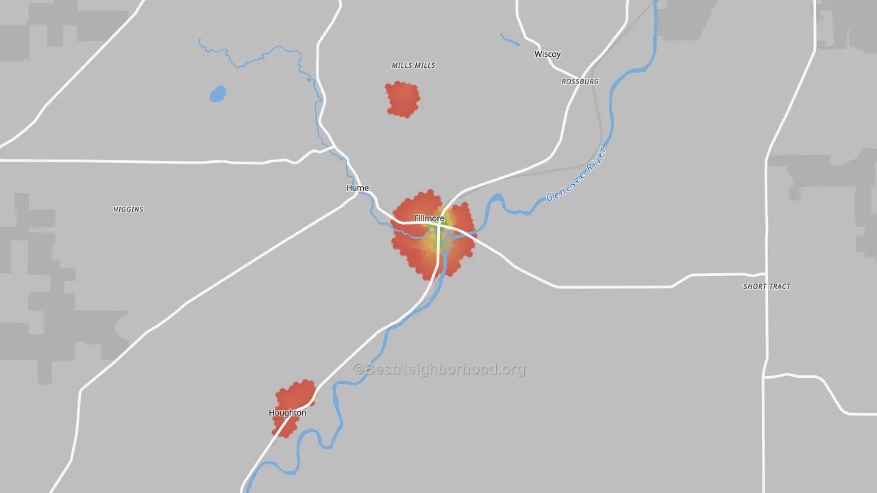 Walk Grade map of Fillmore, NY, walkable areas in green and car-dependent areas in red