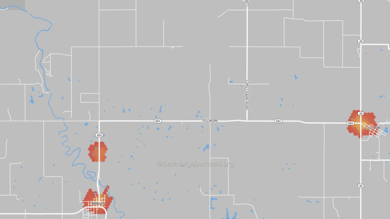 Walk Grade map of Fillmore, OK, walkable areas in green and car-dependent areas in red
