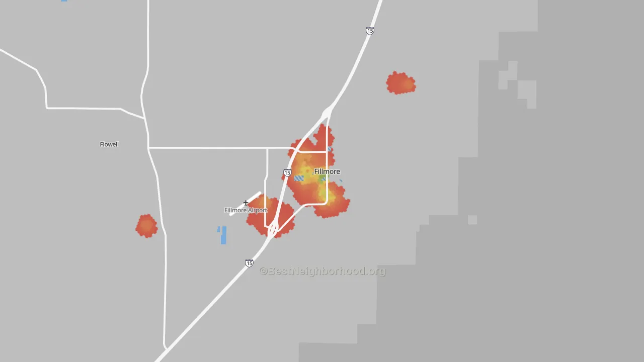 Walk Grade map of Fillmore, UT, walkable areas in green and car-dependent areas in red