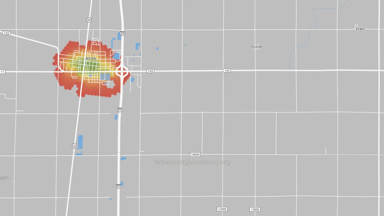 Walk Grade map of Filson, IL, walkable areas in green and car-dependent areas in red