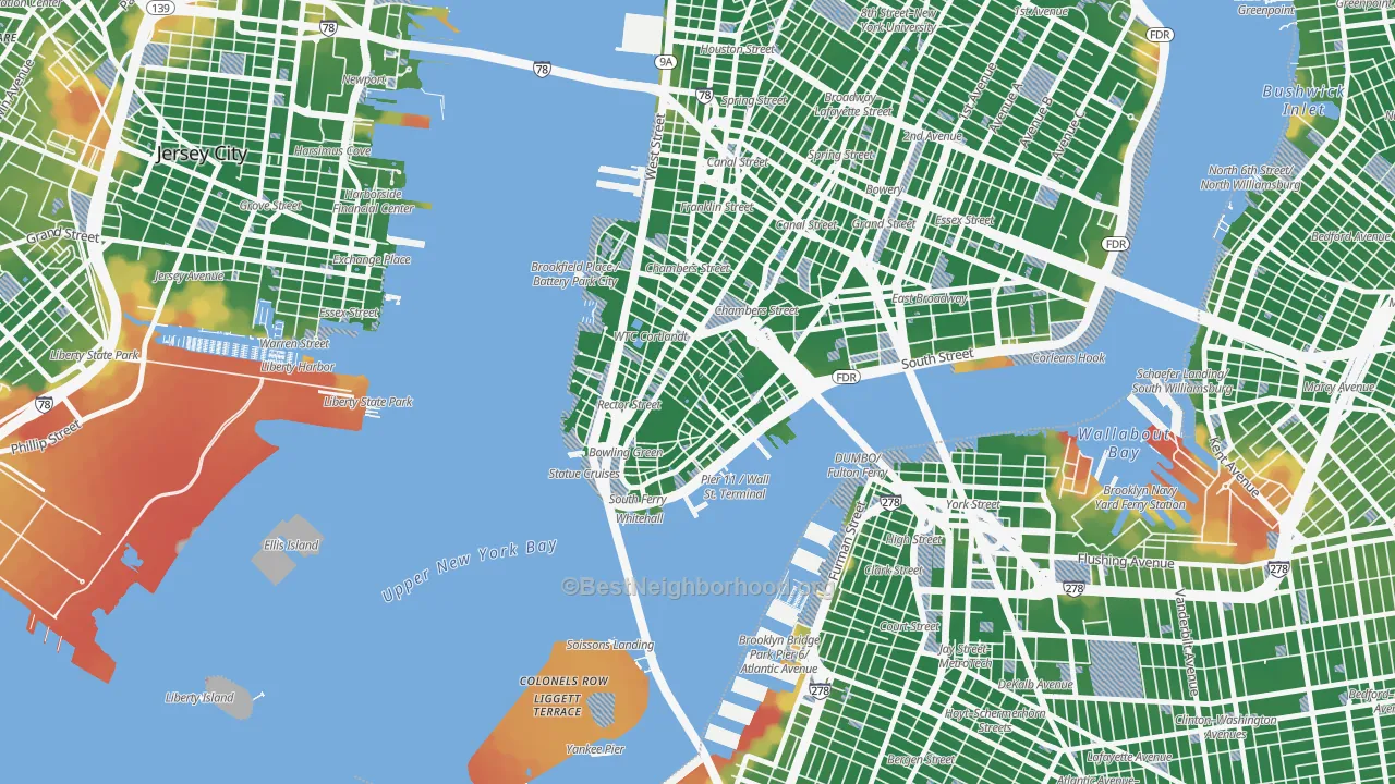Walk Grade map of Financial District, Manhattan, NY, walkable areas in green and car-dependent areas in red