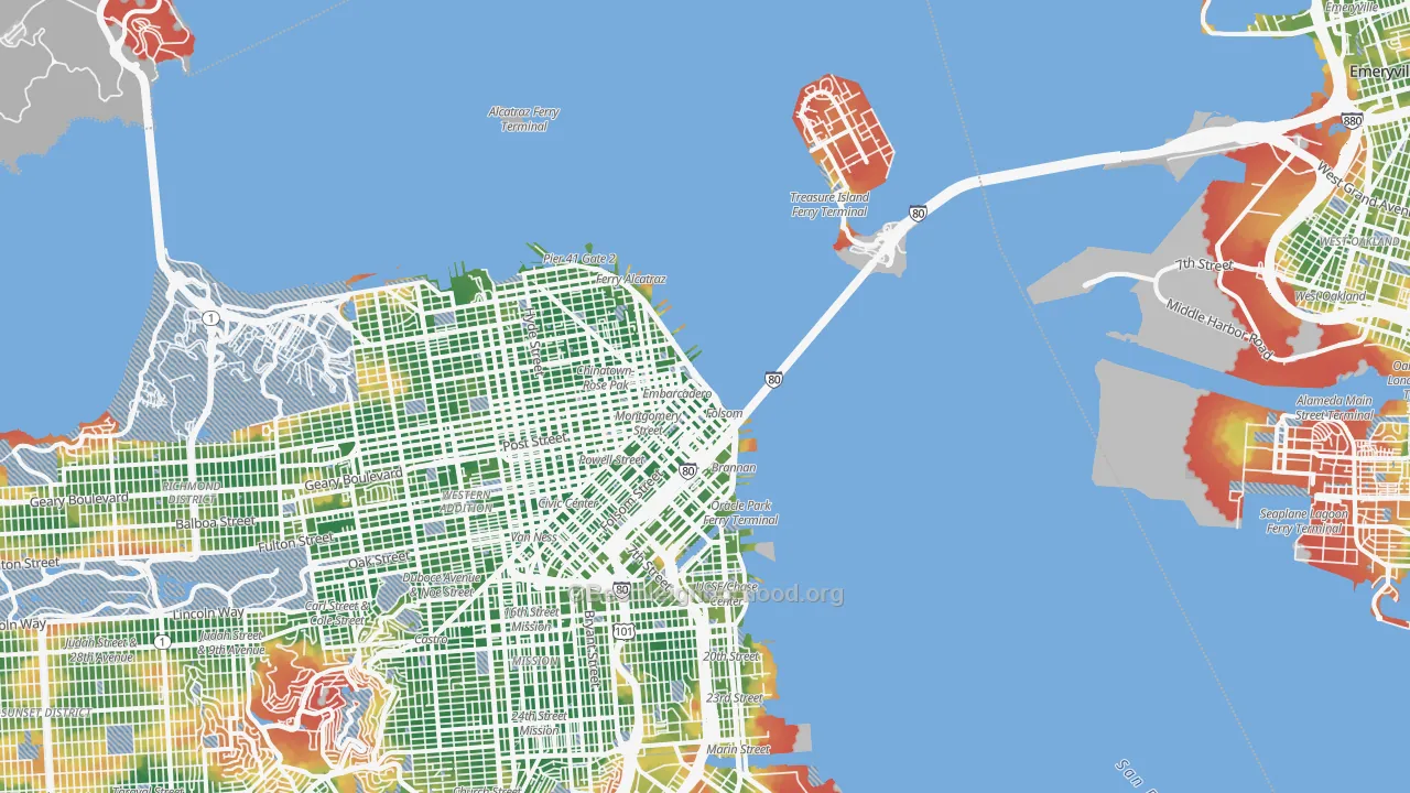 Walk Grade map of Financial District, San Francisco, CA, walkable areas in green and car-dependent areas in red