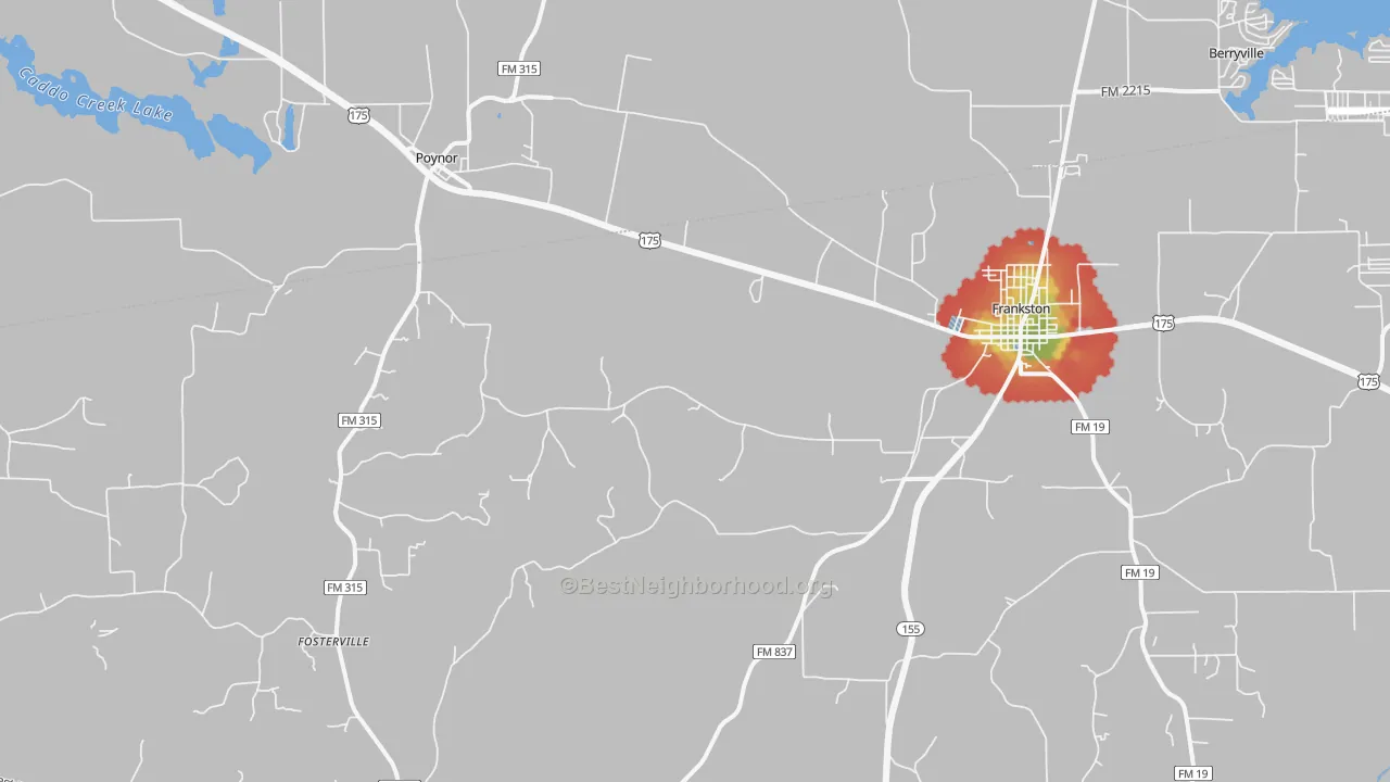 Walk Grade map of Fincastle, TX, walkable areas in green and car-dependent areas in red
