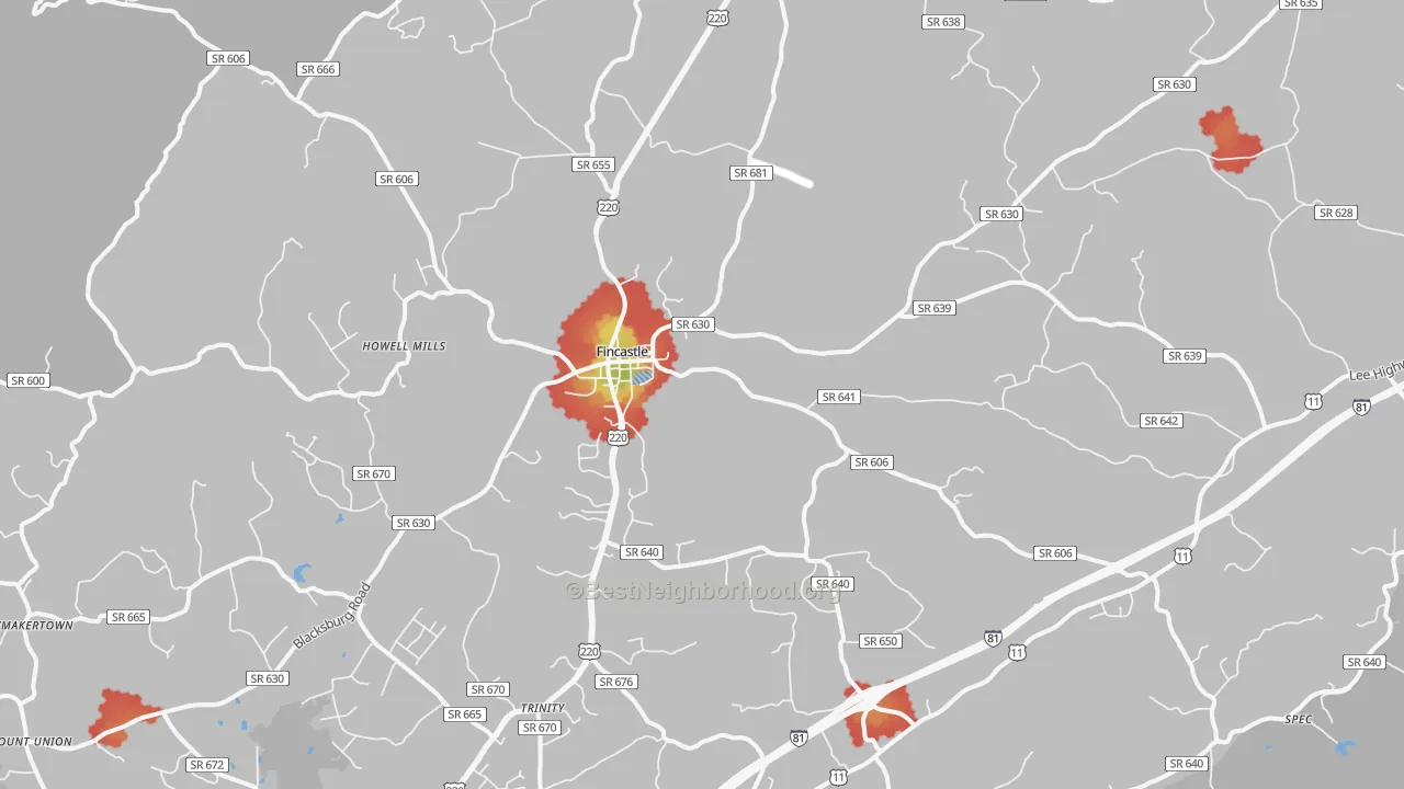 Walk Grade map of Fincastle, VA, walkable areas in green and car-dependent areas in red