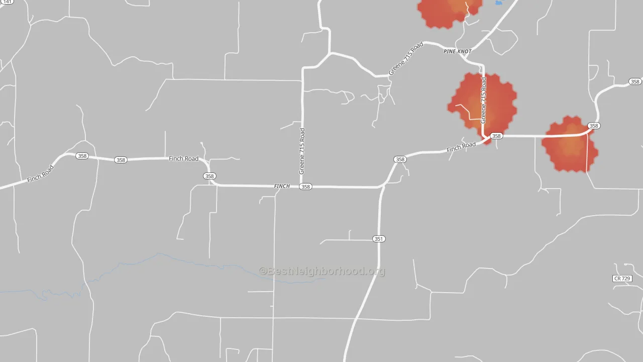 Walk Grade map of Finch, AR, walkable areas in green and car-dependent areas in red