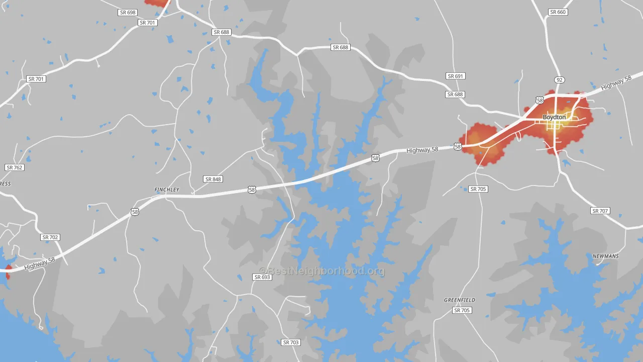 Walk Grade map of Finchley, VA, walkable areas in green and car-dependent areas in red