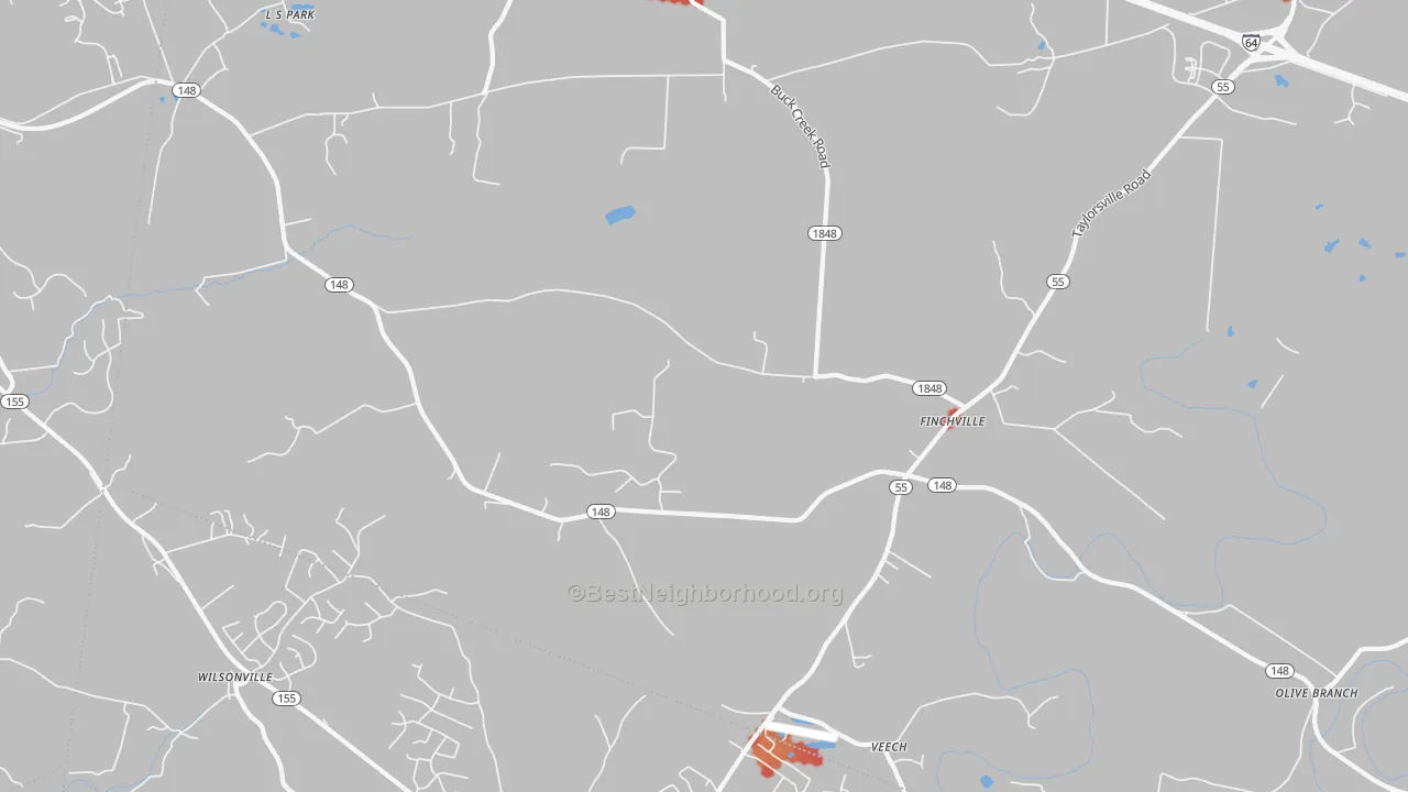 Walk Grade map of Finchville, KY, walkable areas in green and car-dependent areas in red