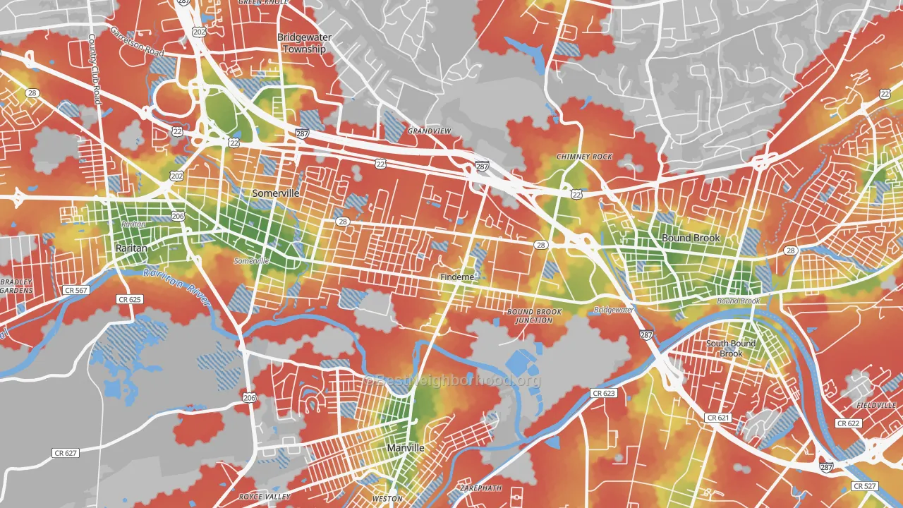 Walk Grade map of Finderne, NJ, walkable areas in green and car-dependent areas in red