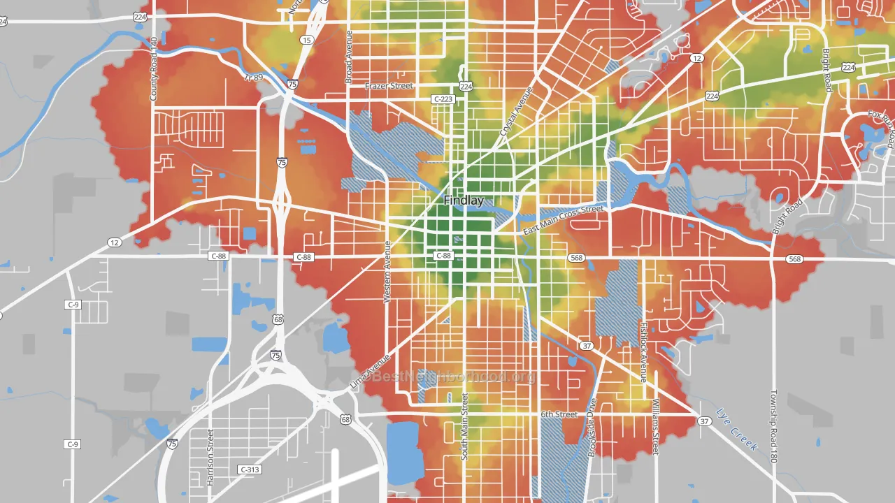 Walk Grade map of Findlay Downtown Historic District, Findlay, OH, walkable areas in green and car-dependent areas in red