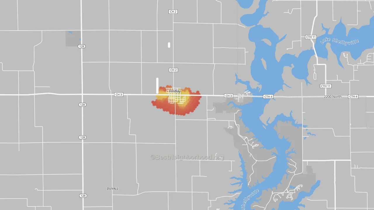 Walk Grade map of Findlay, IL, walkable areas in green and car-dependent areas in red