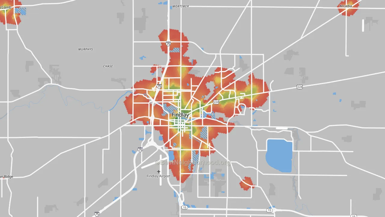 Walk Grade map of Findlay, OH, walkable areas in green and car-dependent areas in red